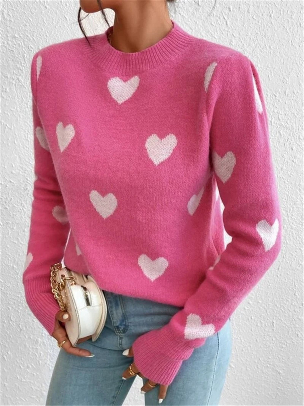 Zara Oversized Round Neck Knit Pullover with Heart Pattern for Fall Winter